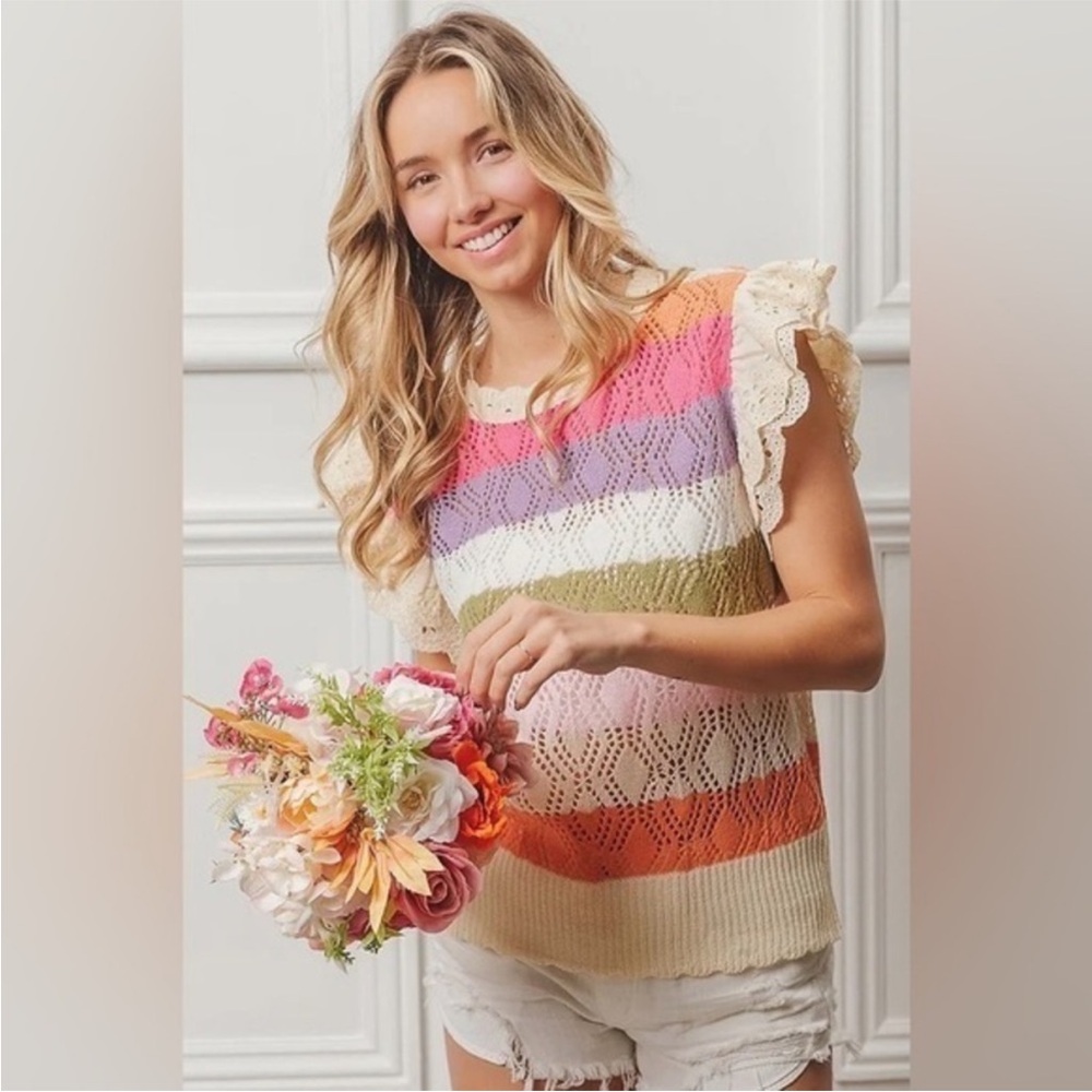 BiBi Ivory Pointelle Multi Color Striped Ruffled Crochet Top